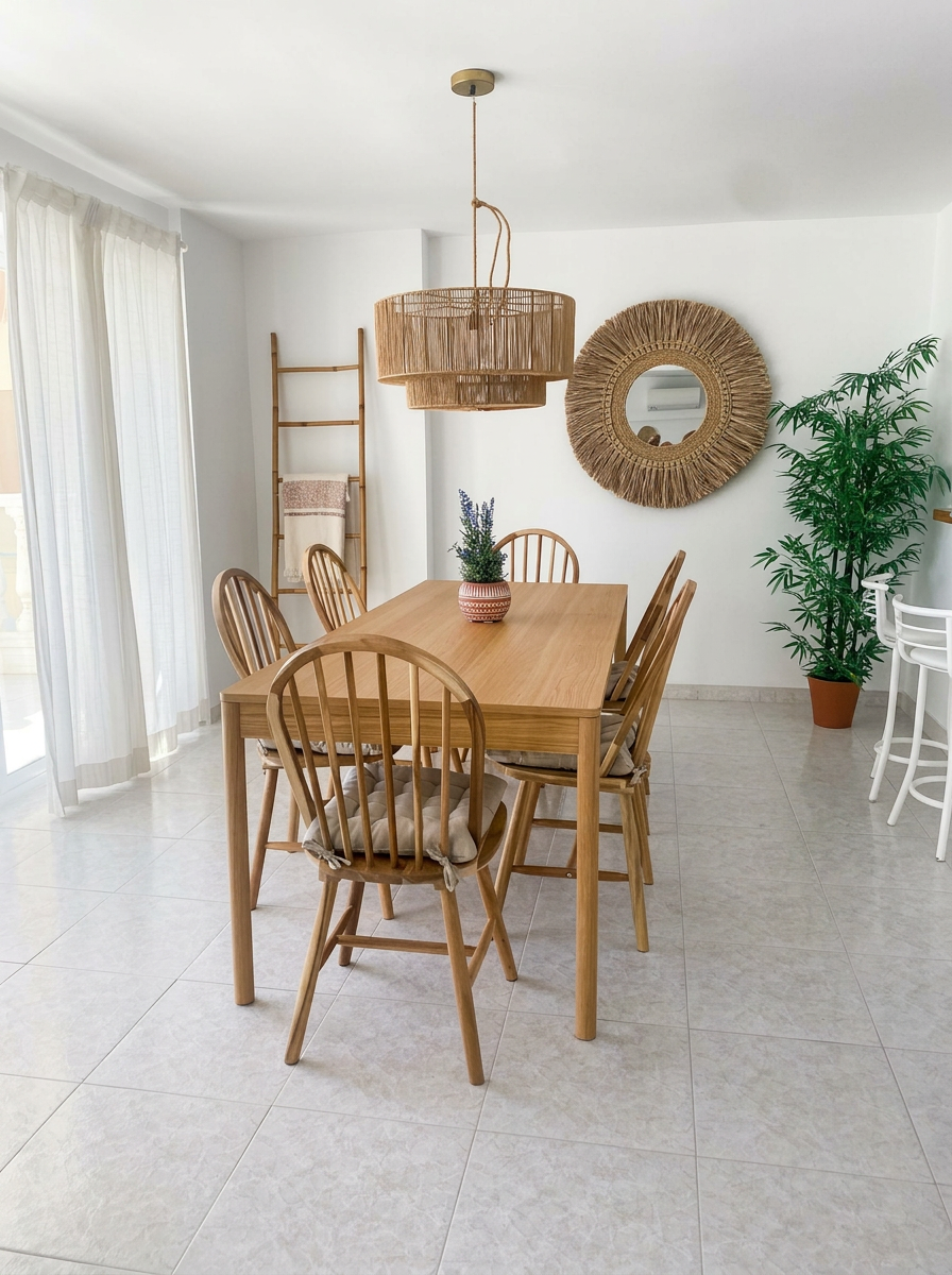 Eethoek met houten tafel en rieten hanglamp